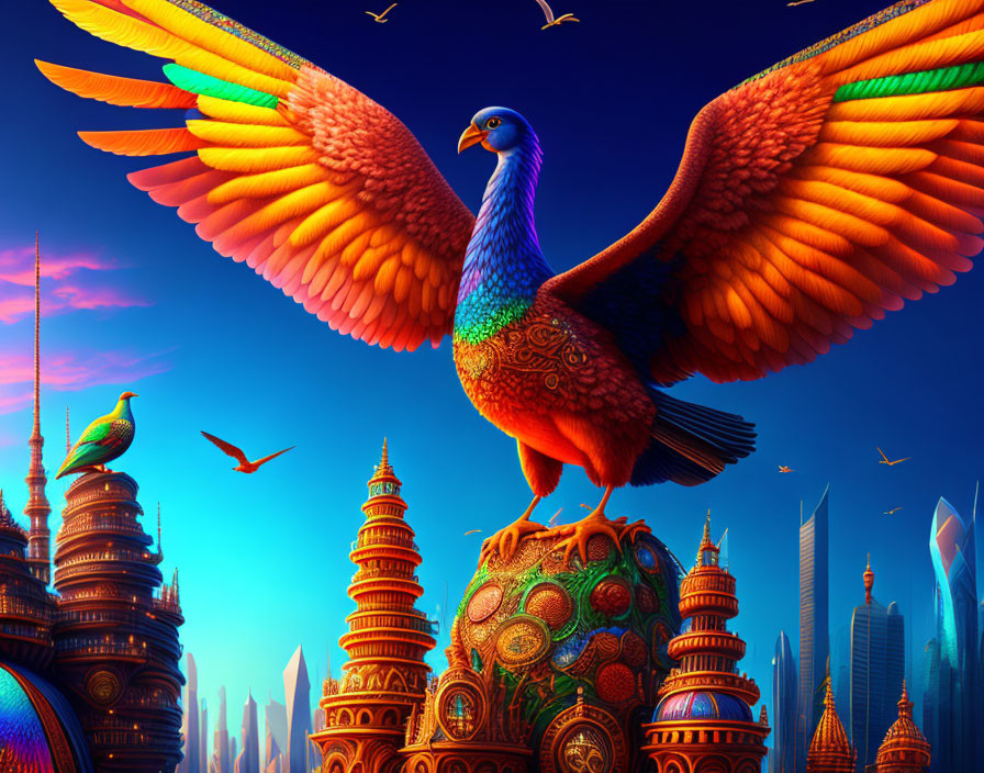 Majestic Phoenix with Extended Wings in Fantastical City