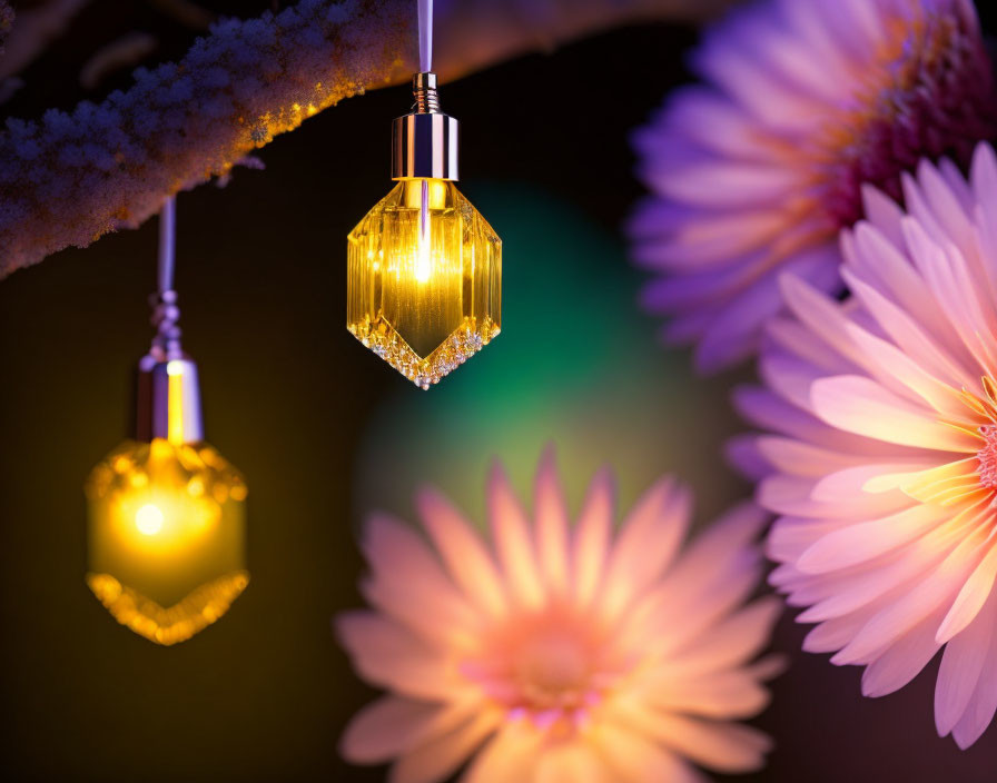 Illuminated pendant lights with pink flowers on blurred background