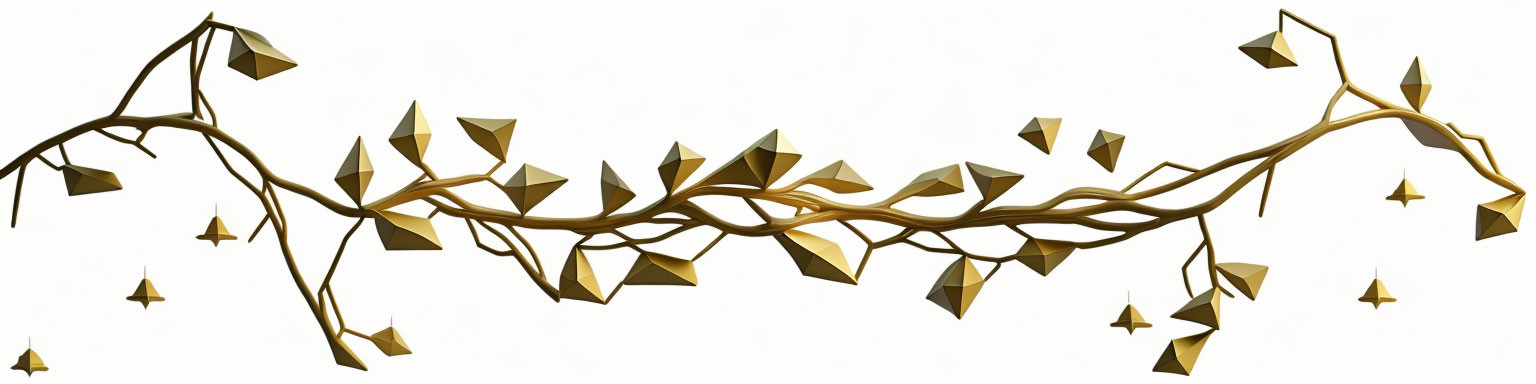 Gold Tree Branches with Geometric Leaves on White Background