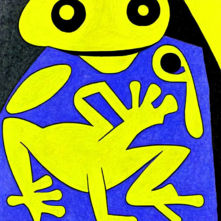 Colorful stylized drawing of a yellow and blue frog on a black and yellow background