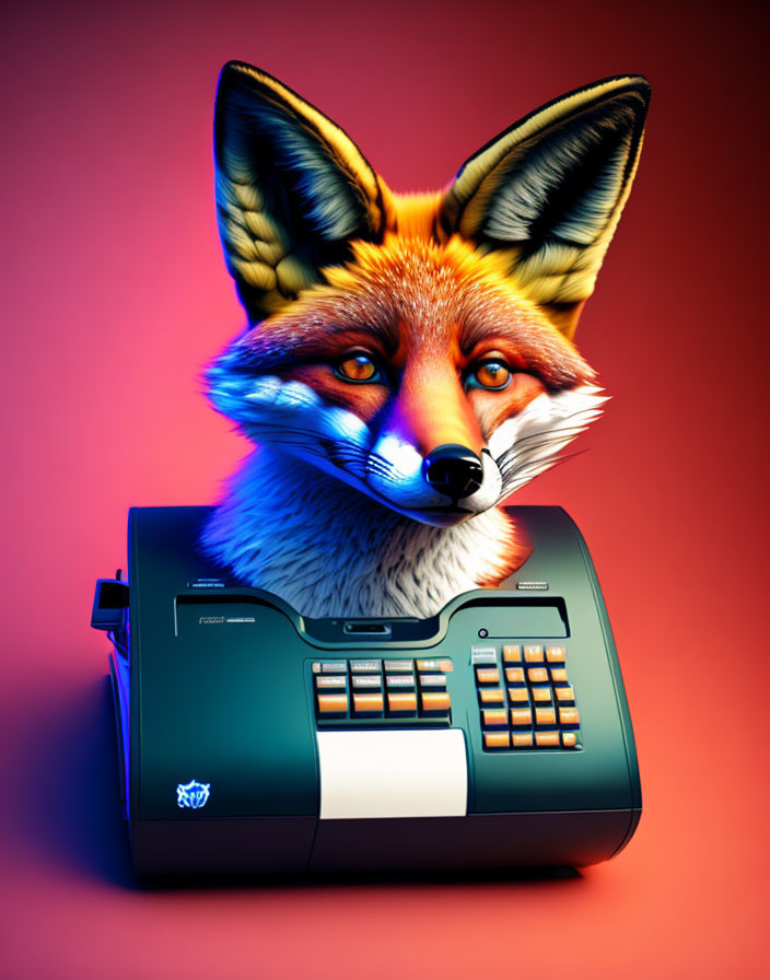 Vibrant fox head illustration from retro printer on red-purple gradient.