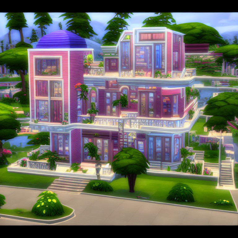 Vibrant multistory virtual house with purple roof and pink walls in lush green landscape