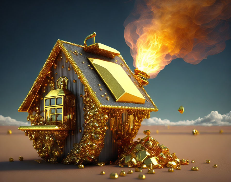 Golden house with smoking chimney and scattered coins in desert setting