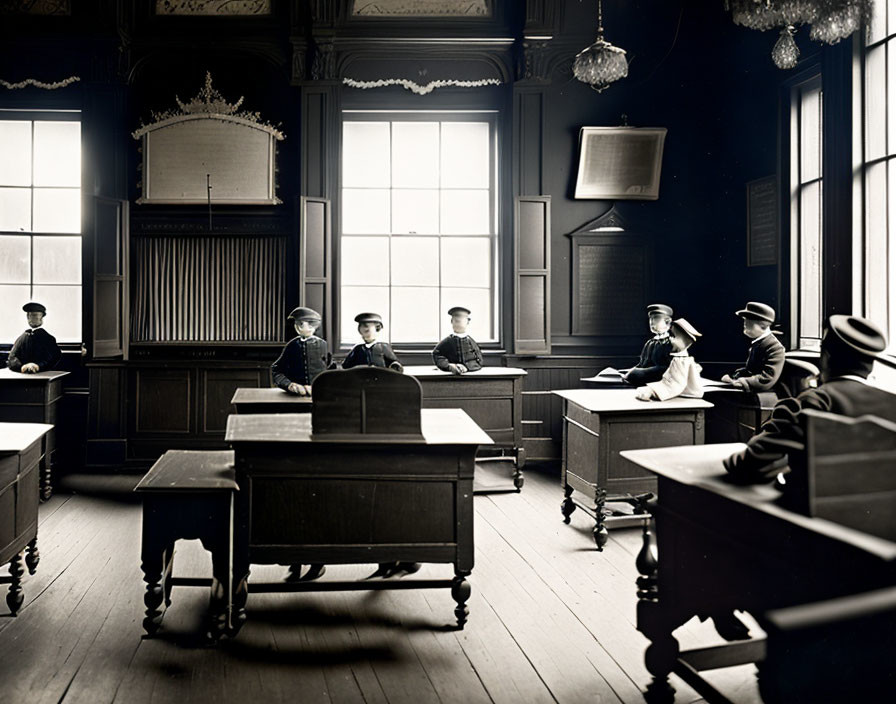 Victorian-era classroom with naval uniformed students and teacher at wooden desks under pendant lamps