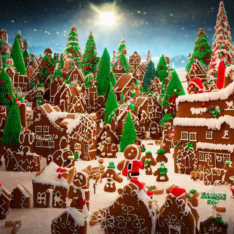 Snow-covered gingerbread village with Christmas trees and starry night sky