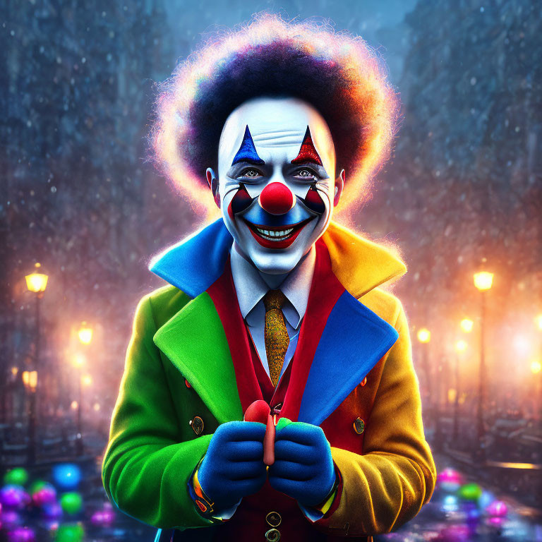 Colorful Smiling Clown in Snowy Scene