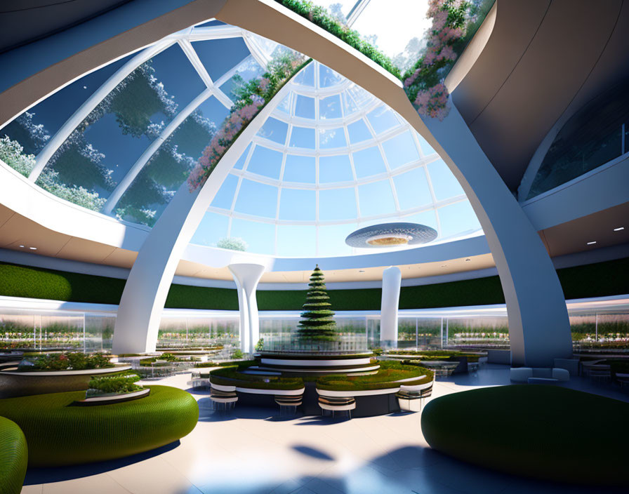 Dome-shaped interior with central tree, glass ceiling, greenery, circular benches