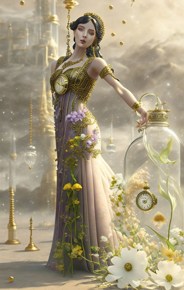 Fantasy digital artwork of woman with plant in glass container, golden jewelry, purple dress, clock pendant