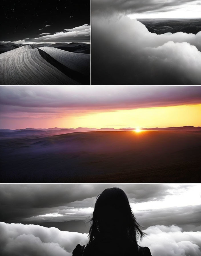 Nature's Contrasts: Starry Night, Storm Clouds, Sunset, Silhouetted Figure