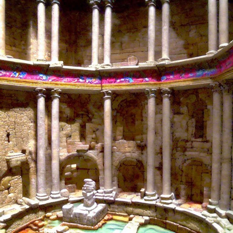 Miniature Roman amphitheater model with columns and central arena.