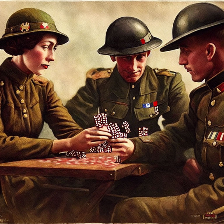 Vintage military personnel playing cards in warm-colored setting.