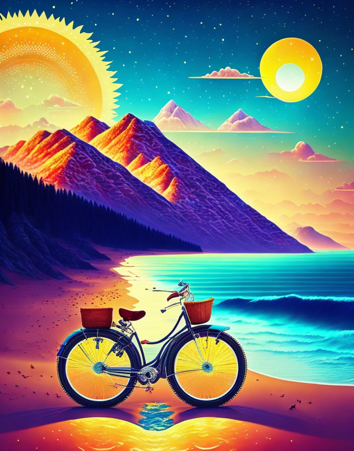 Surreal beach scene with bicycle, reflective water, colorful mountains, dual sun and moon