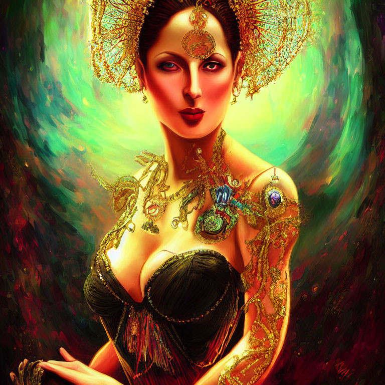 Colorful digital artwork: Woman with gold headdress and jewelry on swirling background