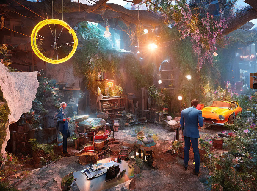 Eclectic underground workshop with vintage car, hanging plants, and glowing lights