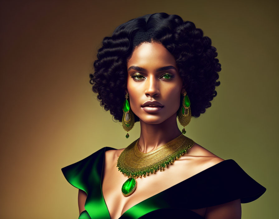 Woman with green eyes and curly hair in off-shoulder green dress and gold jewelry