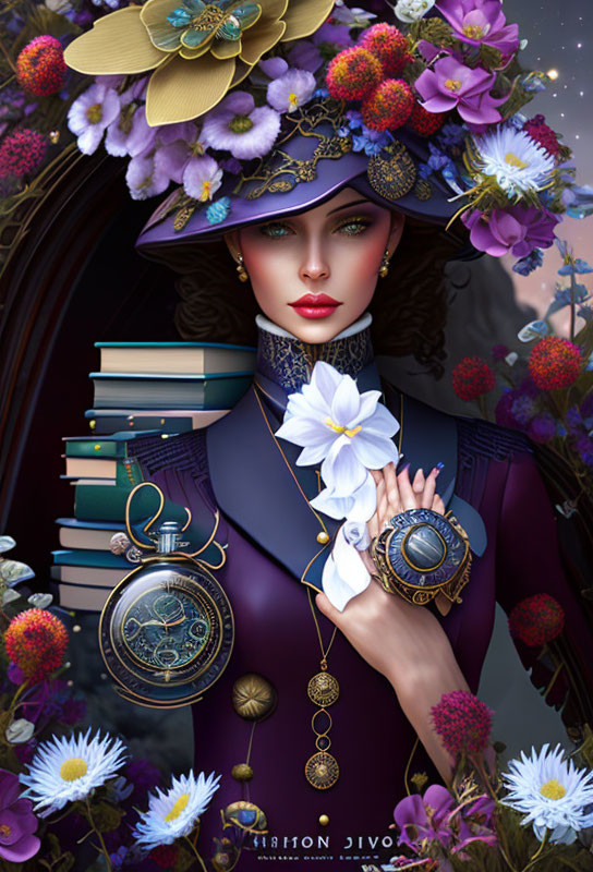 Digital artwork featuring woman with floral hat, vintage camera, books, and flowers on dark background