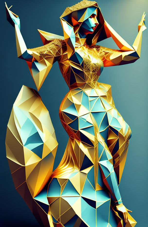 Geometric illustration of woman in dynamic pose with gold and blue hues