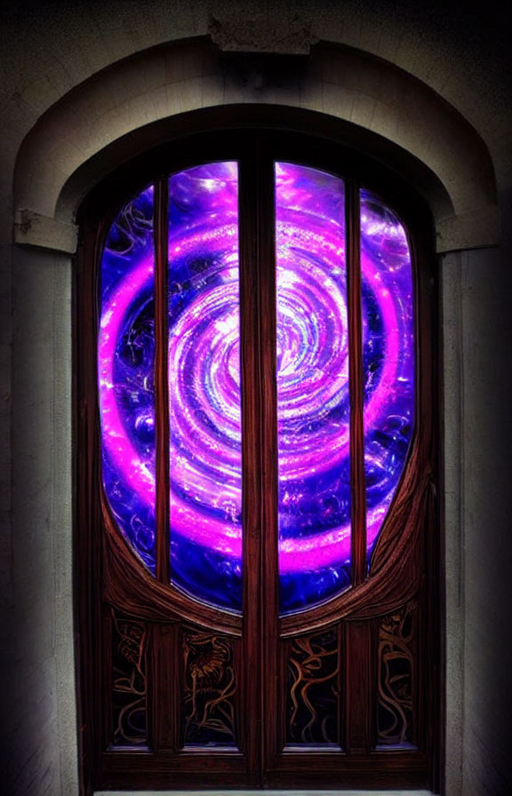 Colorful Cosmic Vortex Shining Through Arched Wooden Door