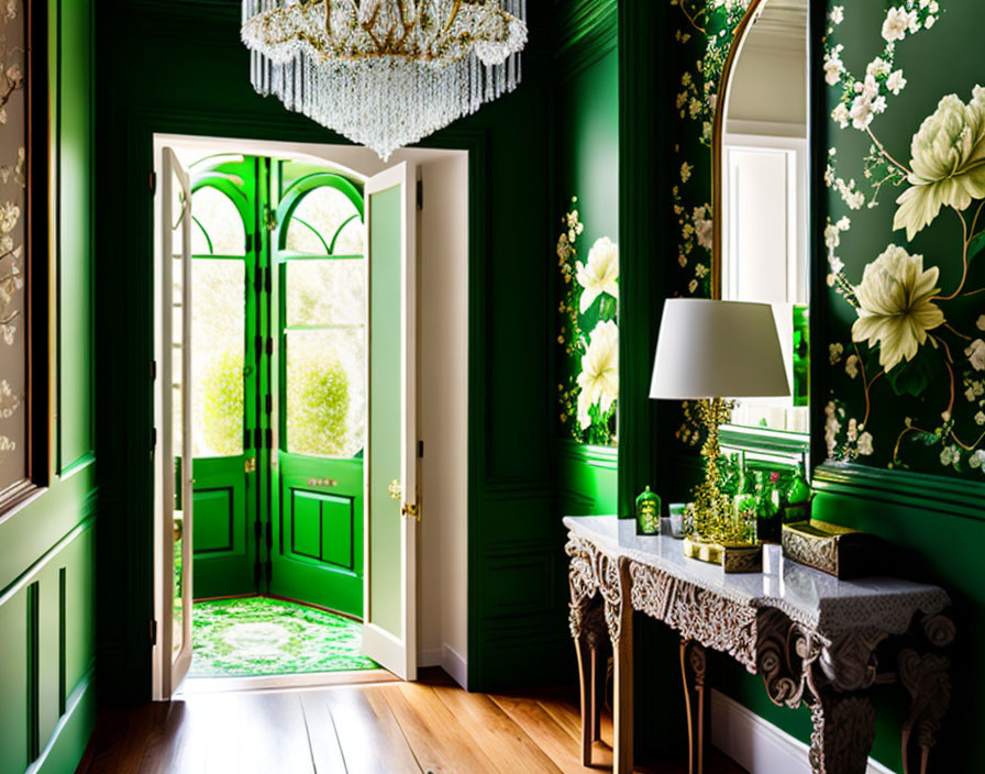 Luxurious Green Room with Floral Wallpaper and Crystal Chandelier