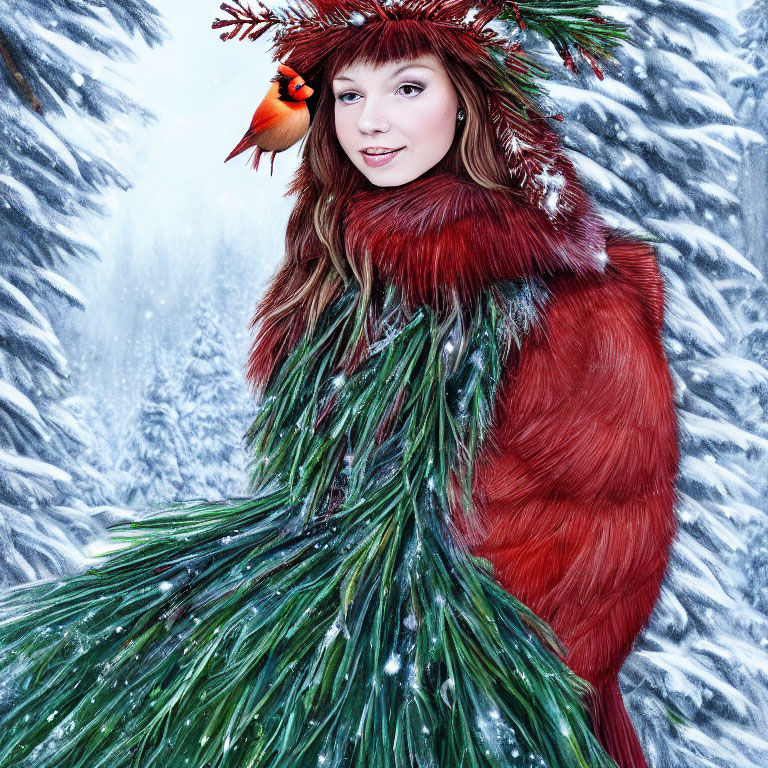 Woman in red fur cloak with cardinal in snowy pine forest