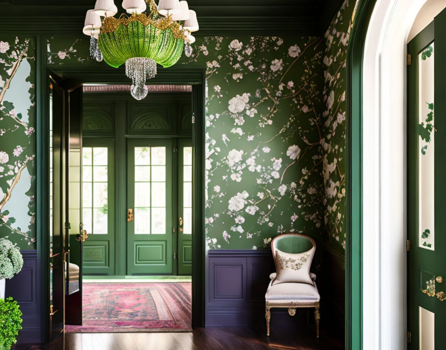 Sophisticated room with green floral wallpaper, crystal chandelier, French doors, purple chair, white