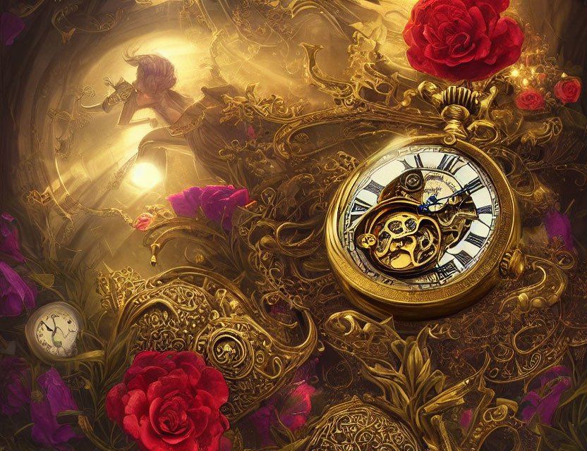 Golden pocket watch with roses and intricate designs in luminescent setting