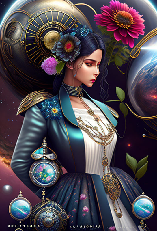 Victorian Woman with Cosmic and Zodiac Elements Illustration