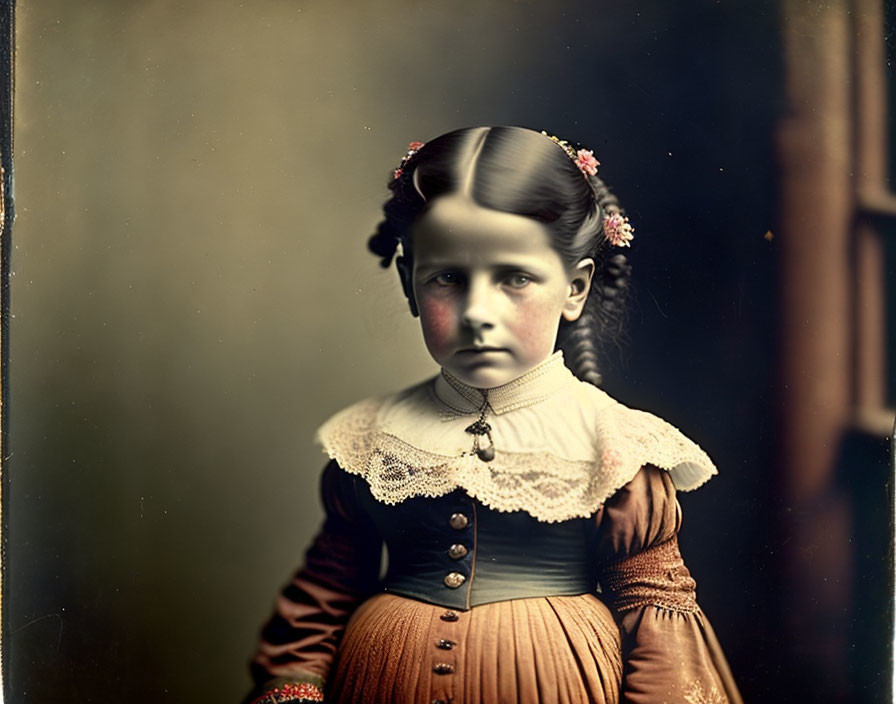 Vintage Portrait: Young Girl with Braided Hair and Lace Collar Dress