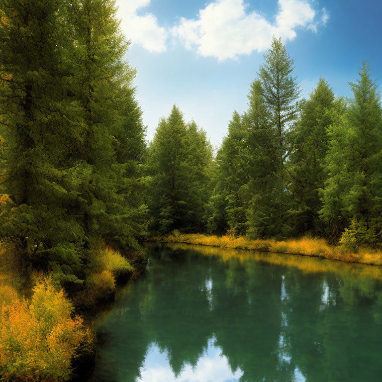 Serene Forest Landscape with Green Trees and Blue River