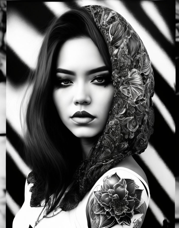 Monochromatic image of woman with patterned scarf, makeup, and floral tattoo