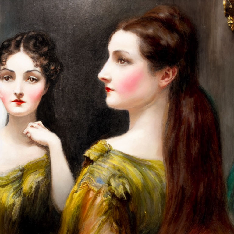 Two Women in Yellow Dresses with Rosy Cheeks and Dark Hair in Classical Painting Style