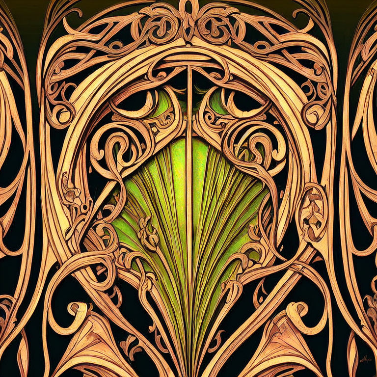 Intricate Art Nouveau-style golden pattern on dark background