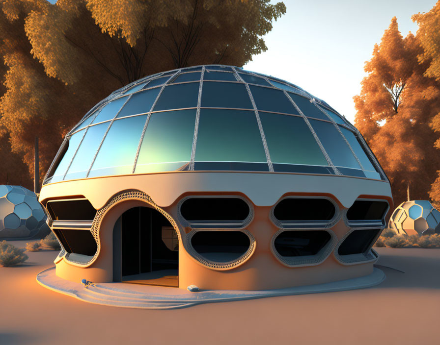 Glass-domed futuristic building among spherical structures and autumn trees.