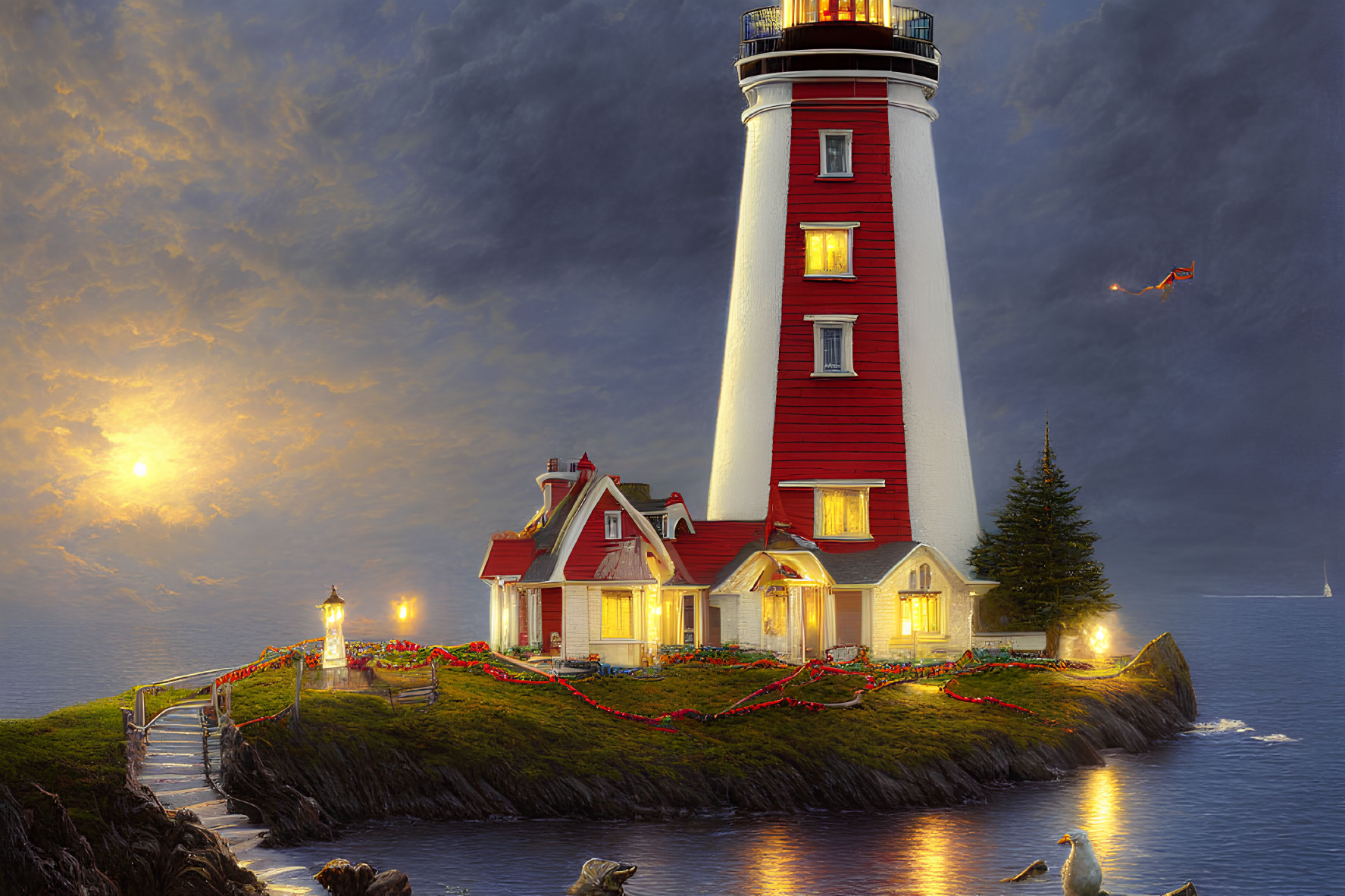 Majestic red and white lighthouse on cliff at dusk with glowing beacon and warm windows