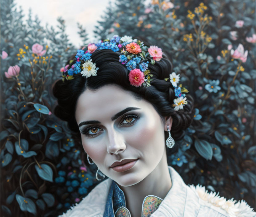 Woman with Floral Crown and Blue Eyeshadow in Lush Foliage Portrait