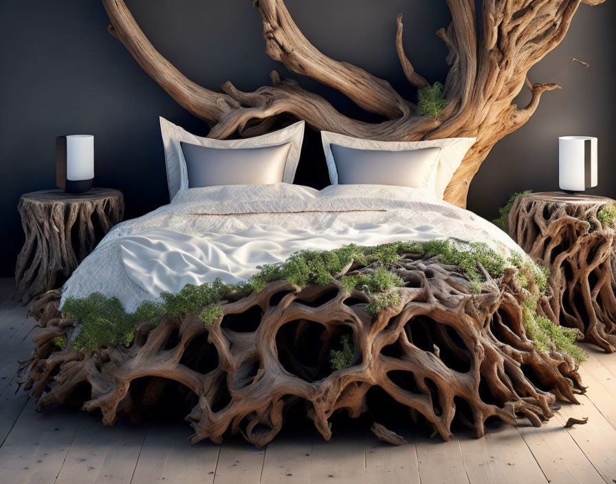 Rustic bedroom with bed integrated into large tree trunk, white linens, moss accents