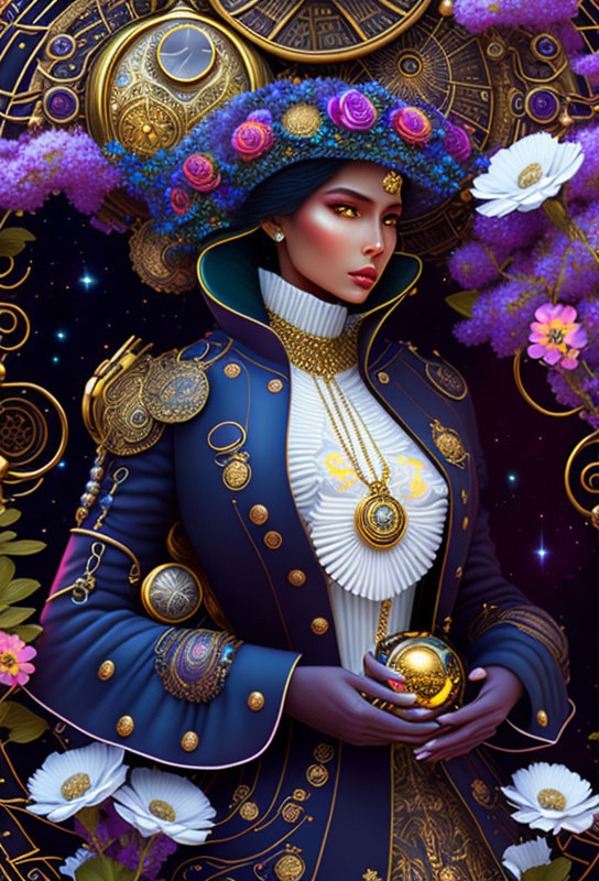 Historical military uniform with floral and celestial motifs and golden accessories.