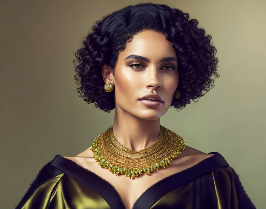 Portrait of a Woman with Curly Hair, Gold Earrings, and Dramatic Makeup