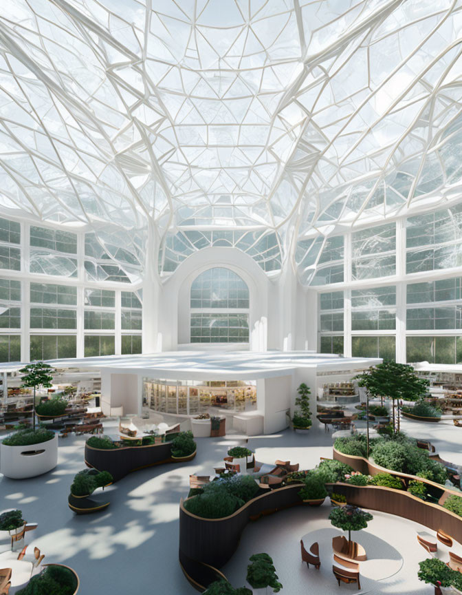 Modern library interior with glass dome ceiling, lush green plants, and curved wooden bookshelves