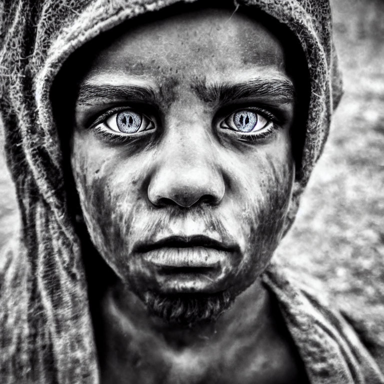 Child with Striking Blue Eyes in Hoodie, Black and White Close-Up