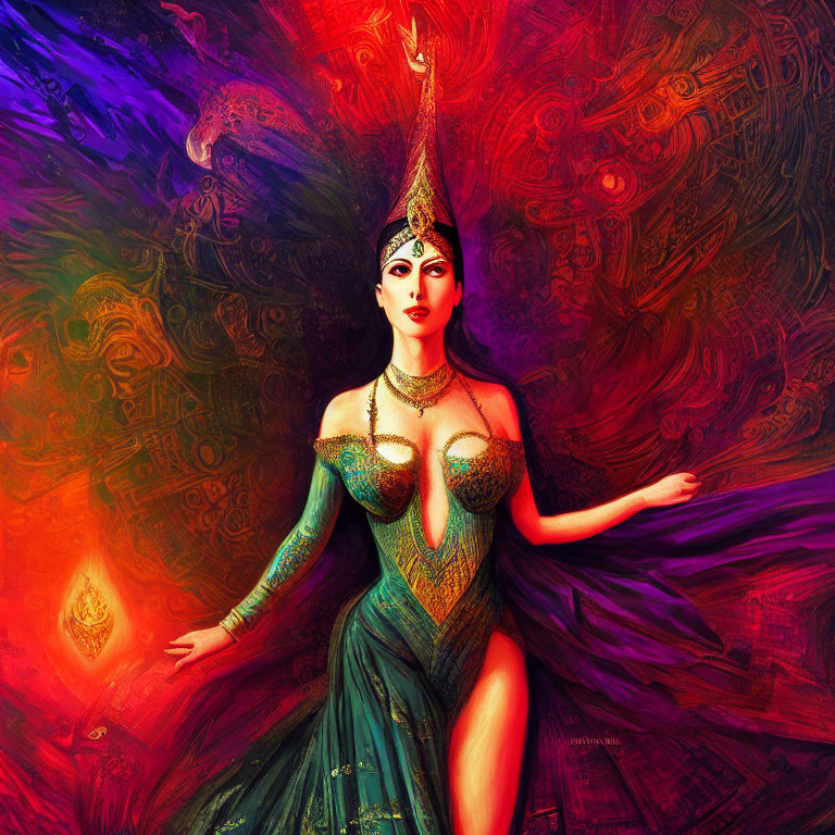 Colorful Artistic Image: Woman in Exotic Attire on Abstract Swirling Background