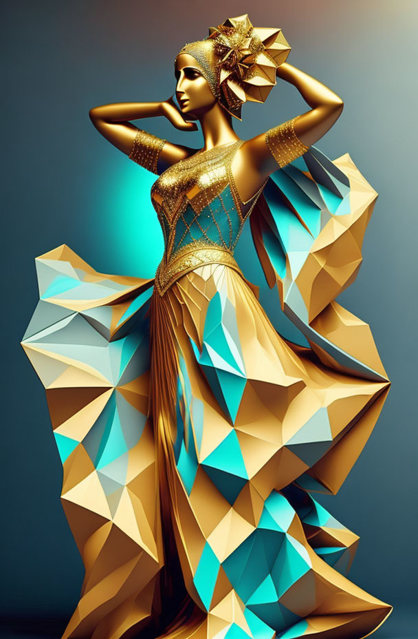 Golden-skinned woman in geometric attire with bow headpiece on teal background