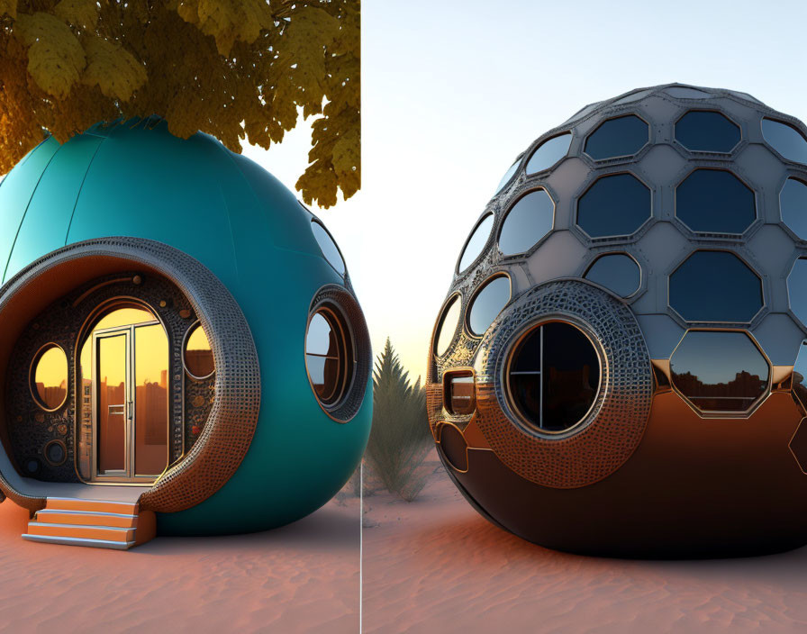 Futuristic spherical pods with hexagonal detailing in a desert setting at sunrise or sunset