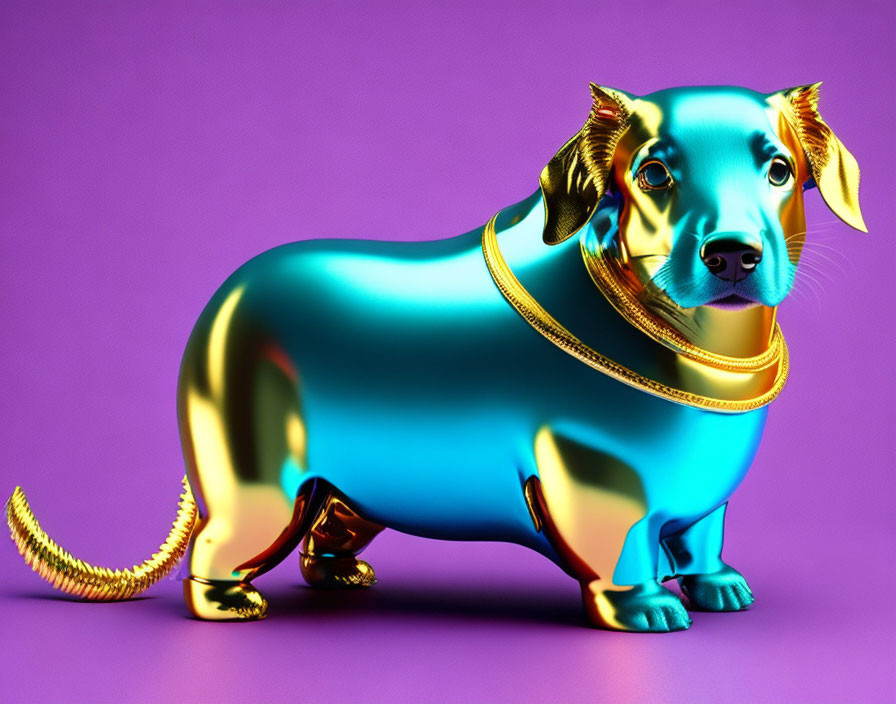 Colorful Metallic-Looking Dog with Gold Chain on Purple Background