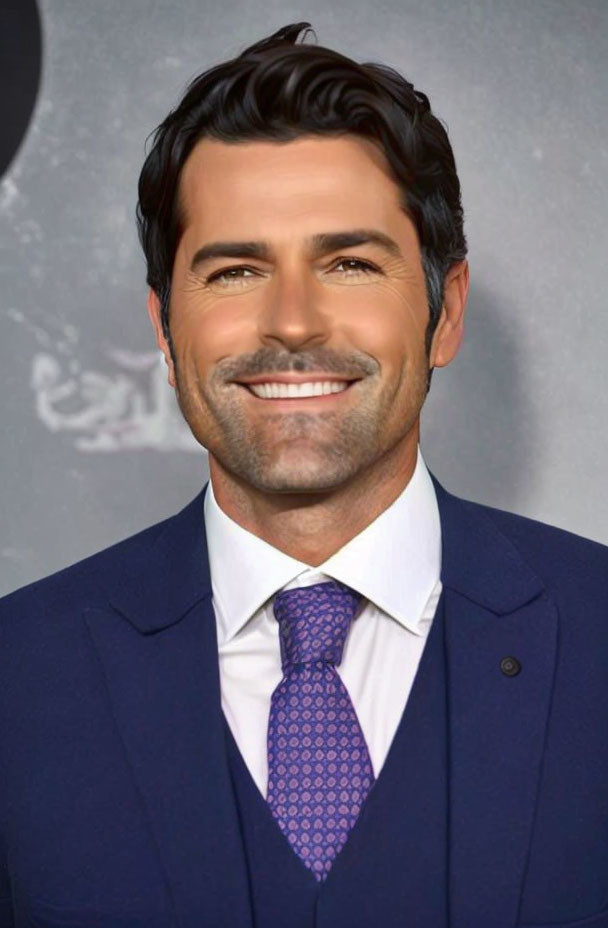 Smiling man in navy suit, white shirt, patterned tie, neat facial hair