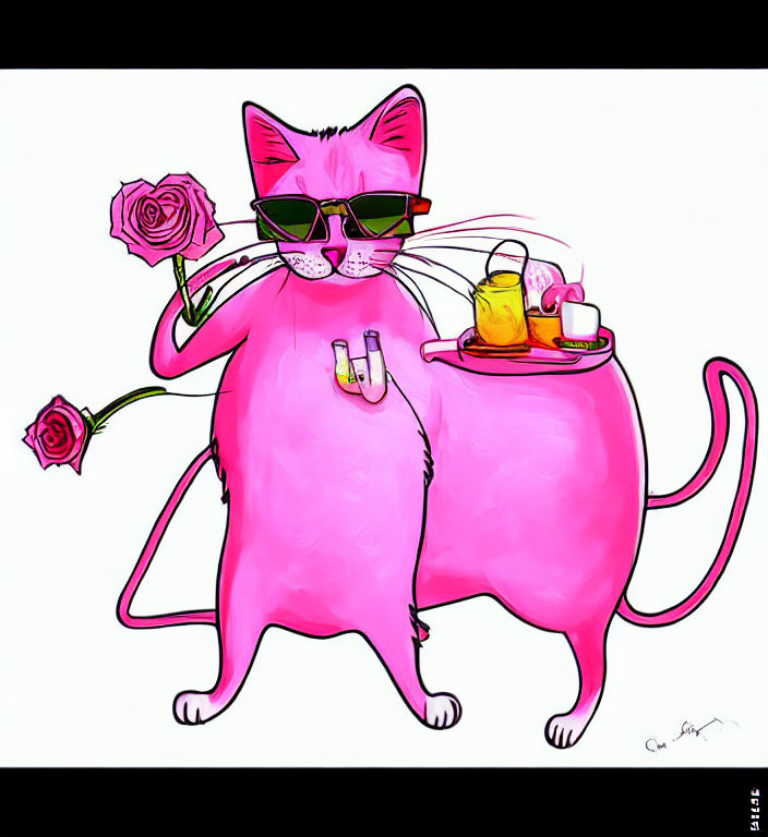 Stylized pink cat with sunglasses holding a rose and tea cup