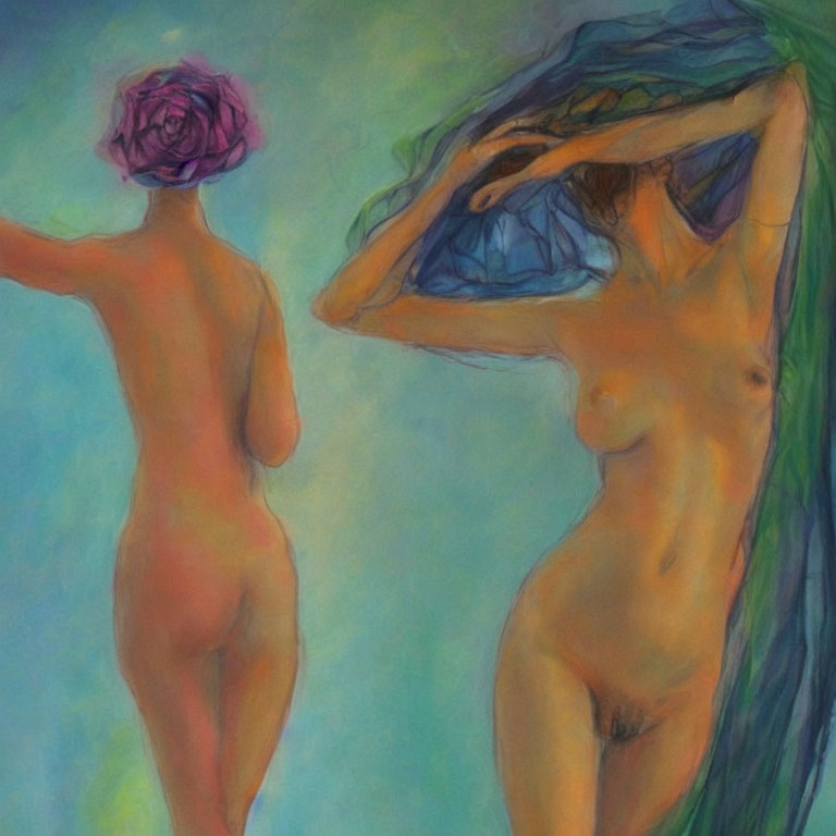 Impressionistic painting of two nude figures in dreamy backdrop