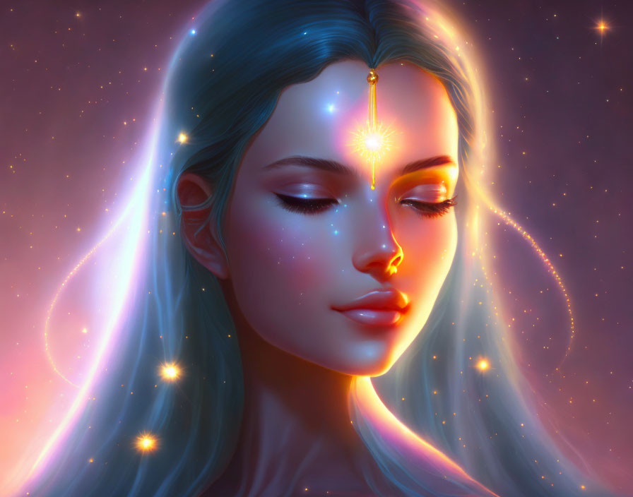 Ethereal Woman with Glowing Skin and Starry Hair on Cosmic Background