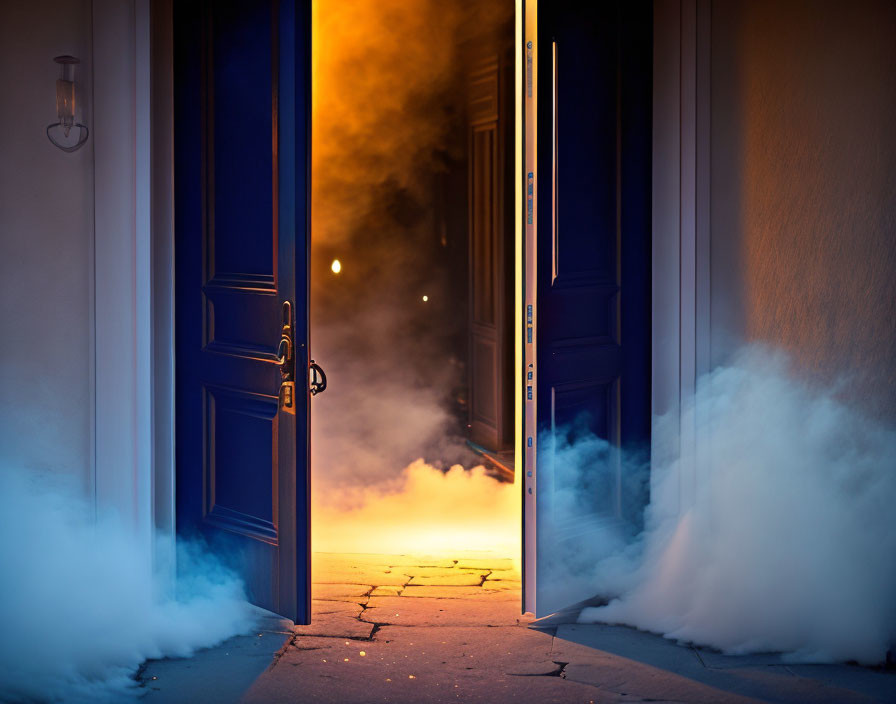 Half-open blue door reveals hazy room with swirling smoke and stairs