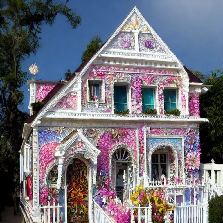 Colorful ornate house with pink and purple flowers and white picket fence